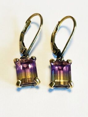 Sterling Silver Ametrine Emerald-Cut Drop Earrings - Purple and Yellow